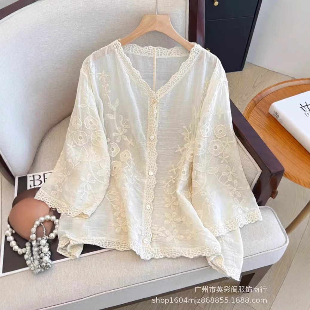 French Sweet V-Neck Cut Out Embroidered Shirt Women's Summer New Single-Row Multi-Button Loose Cardigan Jacket Top