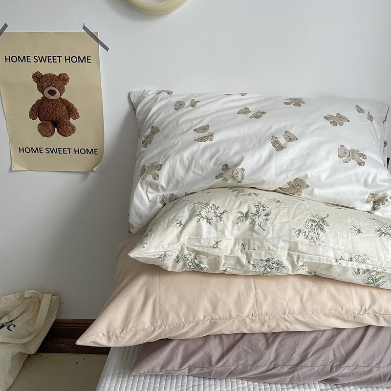 Ins Style Pure Cotton Washed Cotton Single Pillowcase, One Piece for Home Use, Floral Pure Cotton Pillowcase, One Pair, Single Item