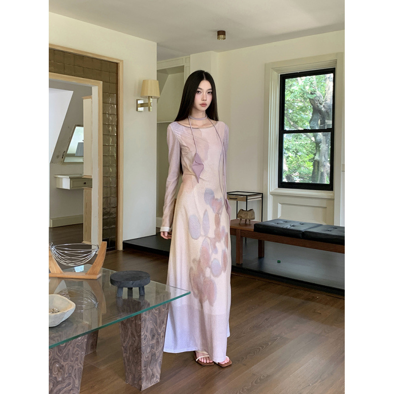 实拍现货现货网纱印花连衣裙女春夏显瘦长裙|undefined