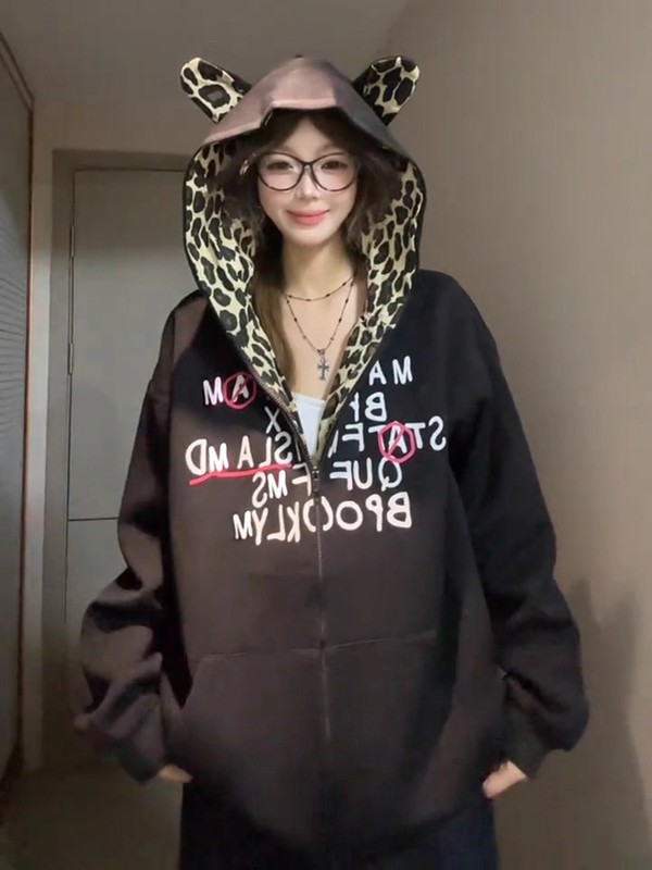 美式复古豹纹耳朵拼接连帽卫衣男女2025宽松设计感小众开衫外套秋|undefined