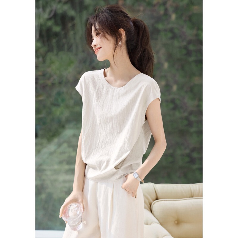 Casual Design Waist Slimming Round Neck Pullover Shirt 2025 Summer New Style Back Slit Shirt Casual Design Waist Slimming Round Neck Pullover Shirt 2025 Summer New Style Back Slit Shirt