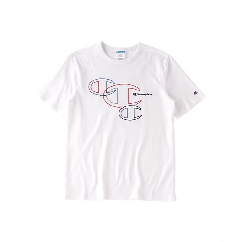 Three Labels Complete with Champion Embroidered Letter Logo, Men's and Women's Short-Sleeve Pure Cotton Trendy Casual Loose Round-Neck Couple T-Shirt 1
