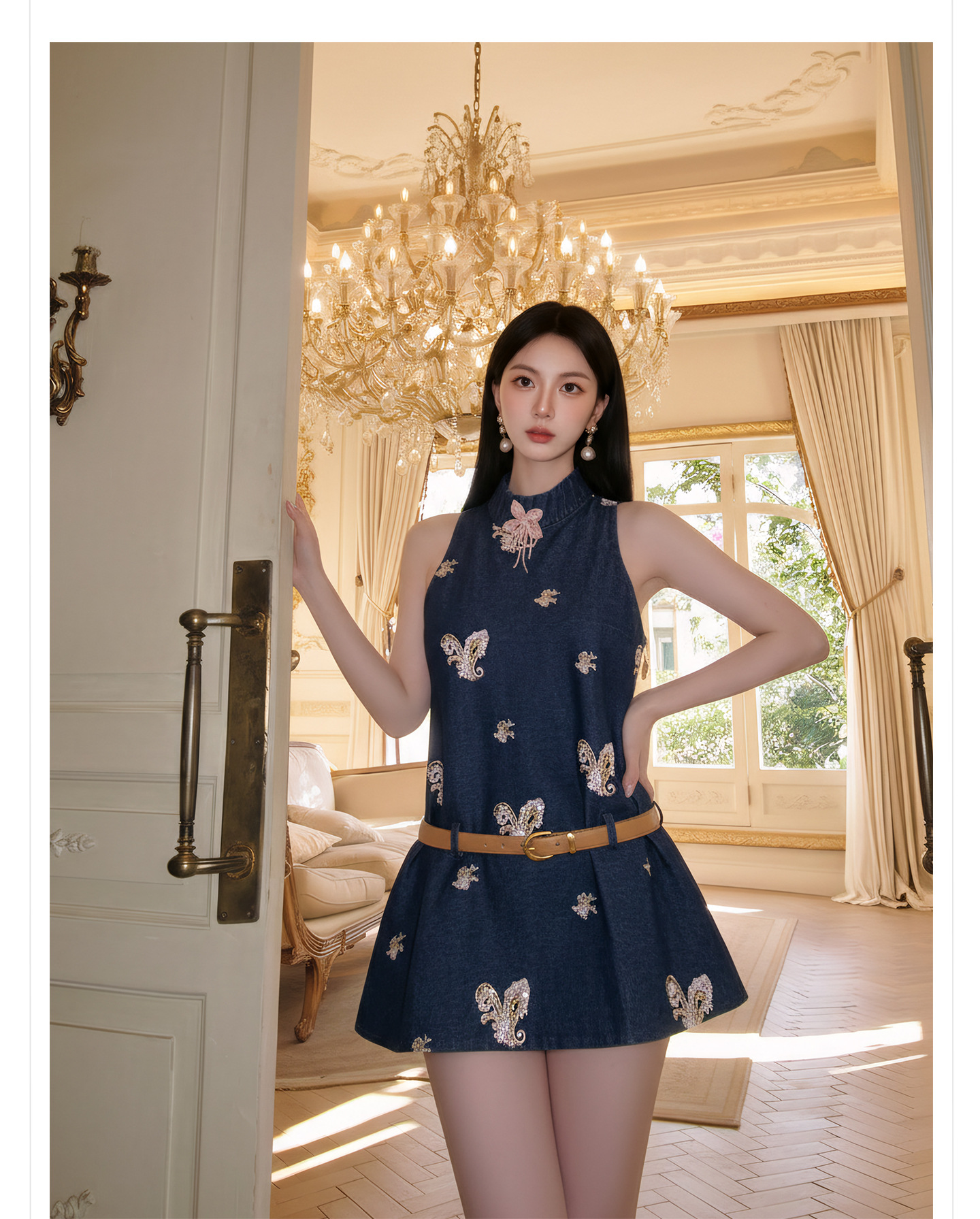 Bộ quần short jean nữ lưng cao kèm áo vest không tay phong cách Tân Trung Hoa — bộ đồ, Trang chủ, quần đùi chi tiết 7