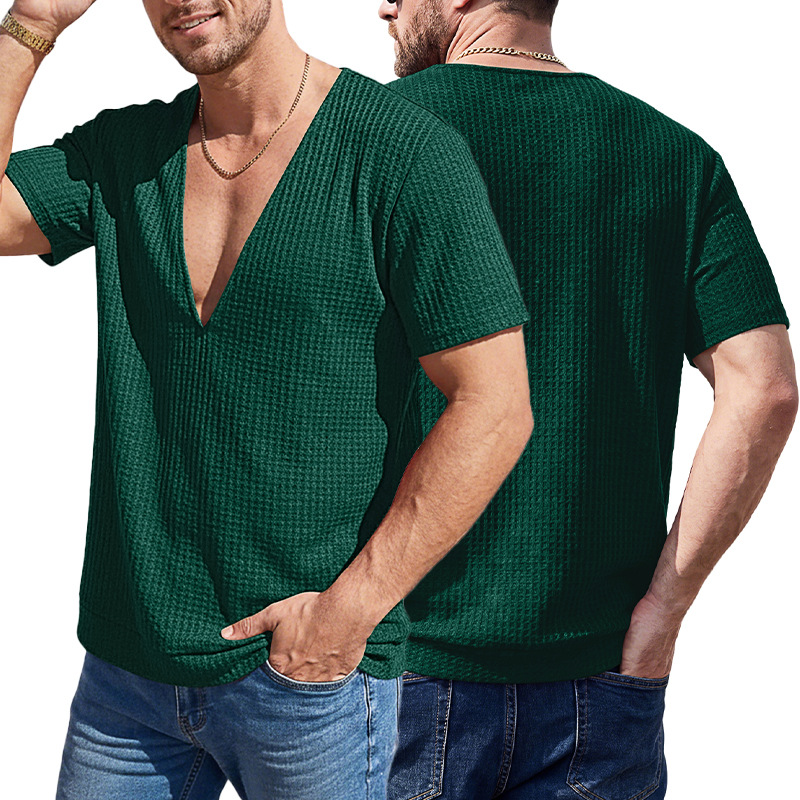 Comercio exterior transfronterizo de Europa y los Estados Unidos Wish hombre deportivo de verano acondicionamiento ocio V-collar elástico color sólido gran camiseta de manga corta
