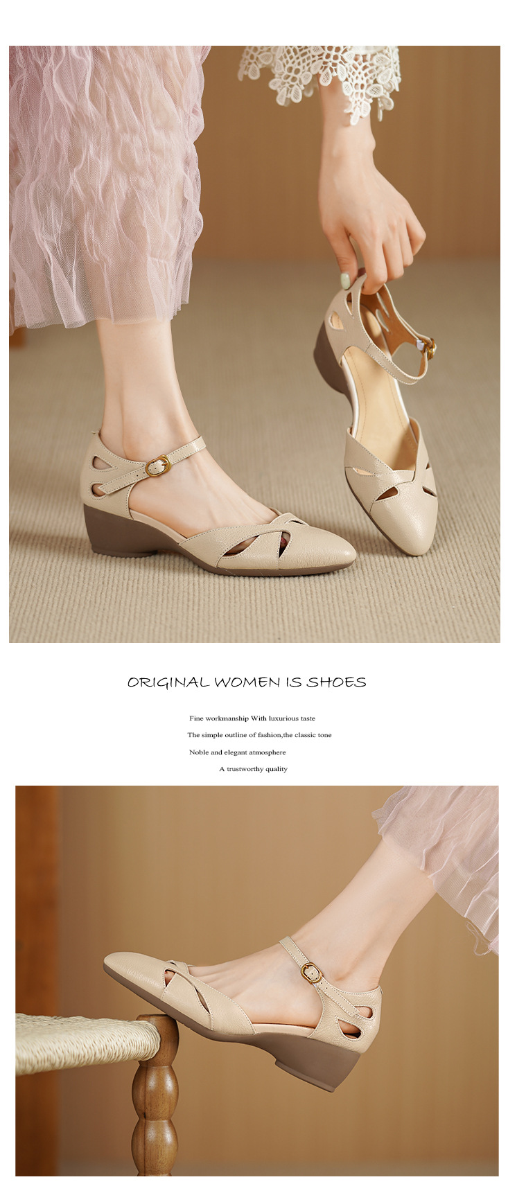 Sandal nữ da dê nguyên tấm mũi khoét gót vuông đế xuồng — Màu trắng nhạt chi tiết 6