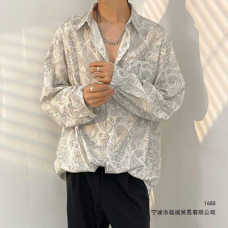 Vintage Hong Kong-style men's long-sleeve shirt with a loose, drapey fit, stylish and trendy, light luxury retro floral shirt Vintage Hong Kong-style men's long-sleeve shirt with a loose, drapey fit, stylish and trendy, light luxury retro floral shirt