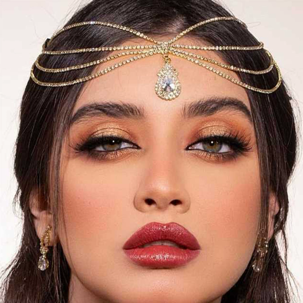 Европейские и американские многослойные головные уборы с каплями воды, модная свадебная цепочка для волос в богемном стиле с блестящими стразами, цепочка на лоб