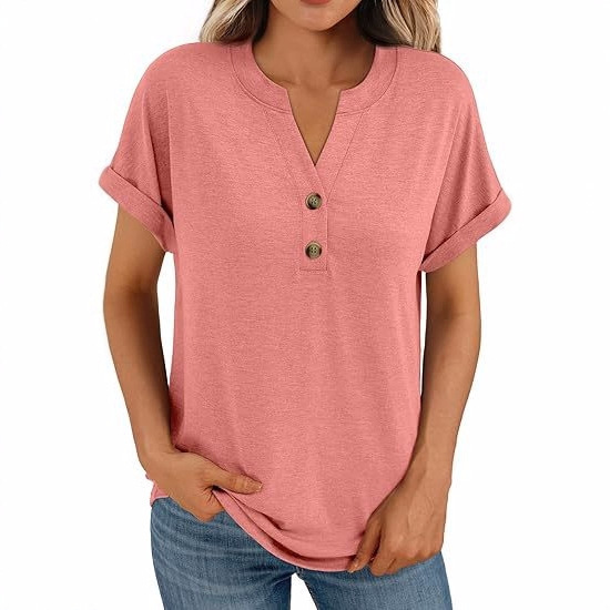 Spot Delivery 2025 Amazon New Women's Short Sleeve Shirt Summer Henry Casual Fashion Cute T-Shirt