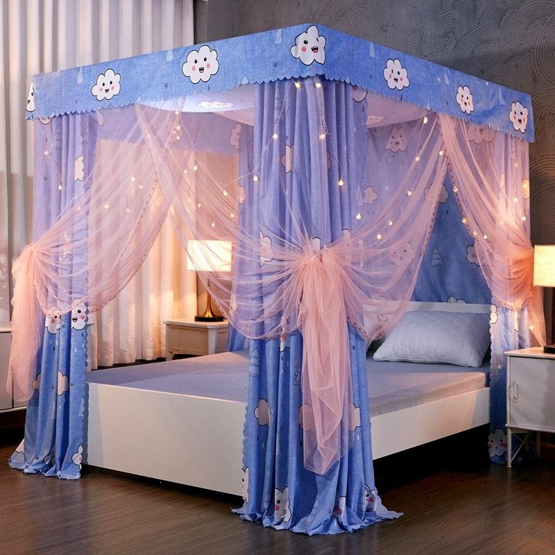 Cortina de cama de tres puertas para dormitorio piso a prueba de viento cortina de cama caliente para cuatro estaciones general a prueba de polvo mosquiteros