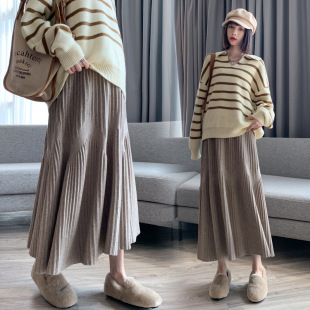 Maternity Knitted Skirt Autumn and Winter New High Waist A- shape Draped Large Pleated Umbrella Skirt Mid-length Belly-supporting Skirt