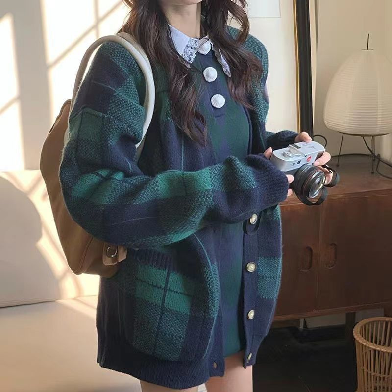 Korean Style Plaid Mohair Knitted Sweater - Detail View 1