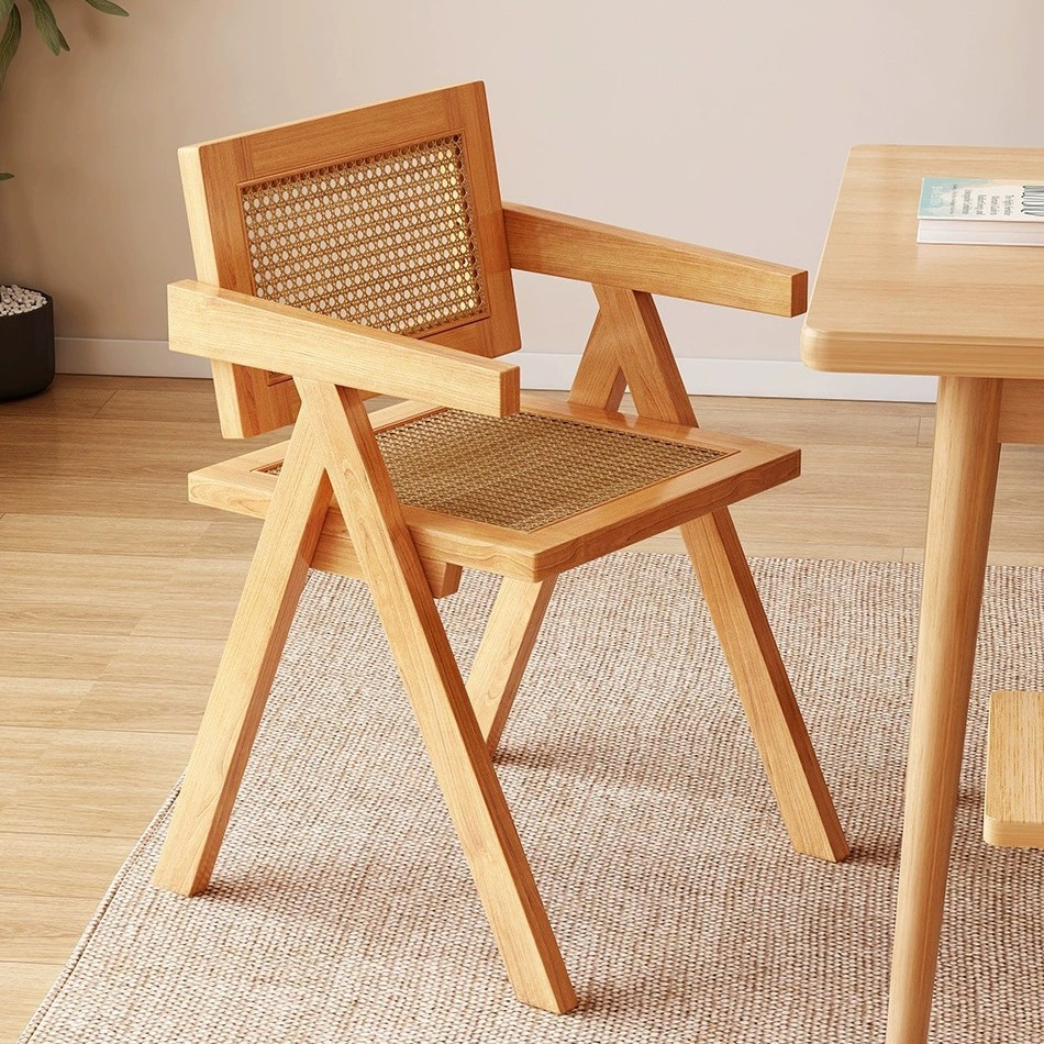 實木餐椅北歐風餐凳藤編靠背椅侘寂風家用椅子民宿陽台網紅凳子