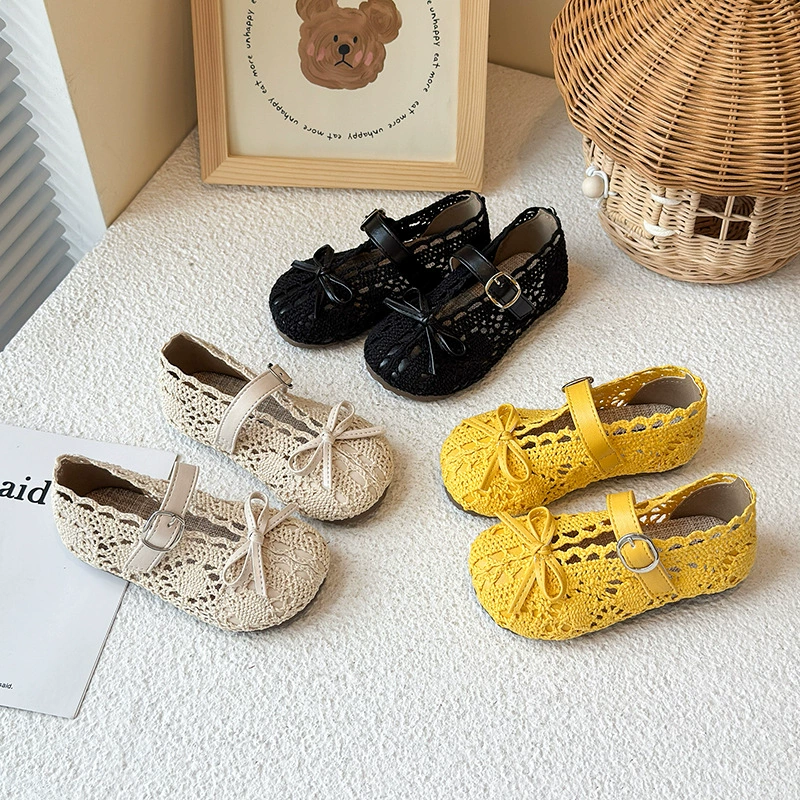 Плоские дышащие туфли из кружевной сетки, весна-лето 2025, новый корейский стиль, девчачьи туфли-мэри-джейн с бантом и неглубоким вырезом