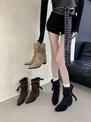 粗跟尖头裤管马丁靴女靴子2025春秋季咖色美拉德西部牛仔瘦瘦靴