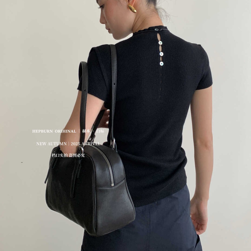 Hepburn Contains 8% Wool~ Stylish Half-High Collar Versatile Two-Way Wear Unique Hollow Button Knit Slim-Fit Top for Women