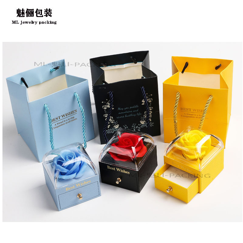 玫瑰花首饰盒七夕情人节粉色永生花亚克力戒指吊坠耳钉小三件套盒