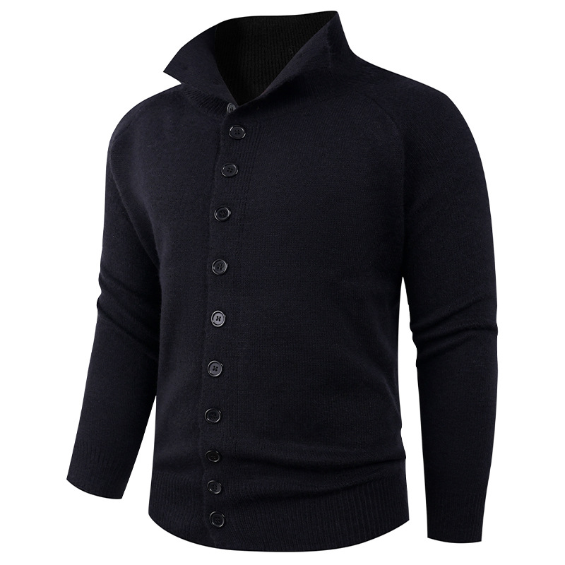 Einfarbiger Herren-Modal-Cardigan, Strickpullover zum Knöpfen, Stehkragen und Schalkragen, dicker Winterpullover, Schwarz/Dunkelgrau/Maschinenwaschbar_voghion.com