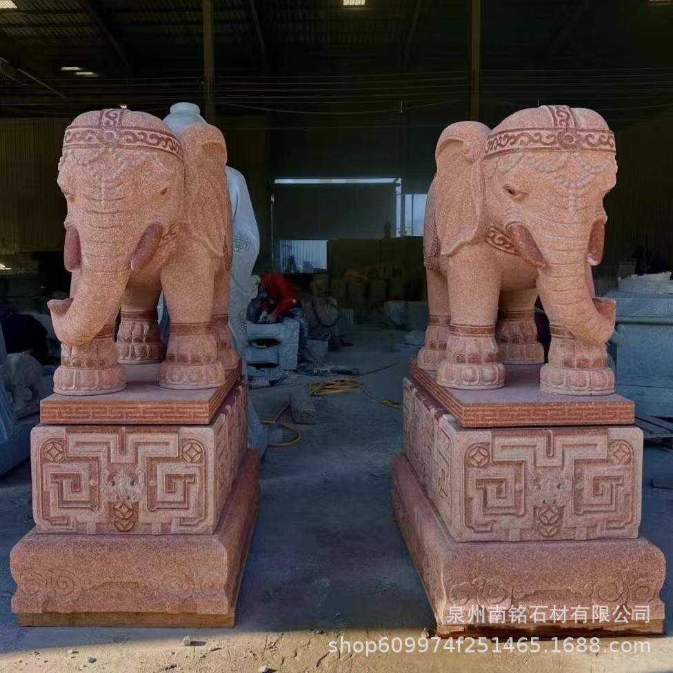 福建红色石头石雕大象一对印度红天山红招财喷水小象家用门口摆件