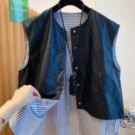 别致皮马甲女2026新款秋宽松拼接假两件马夹无袖坎肩外套上衣