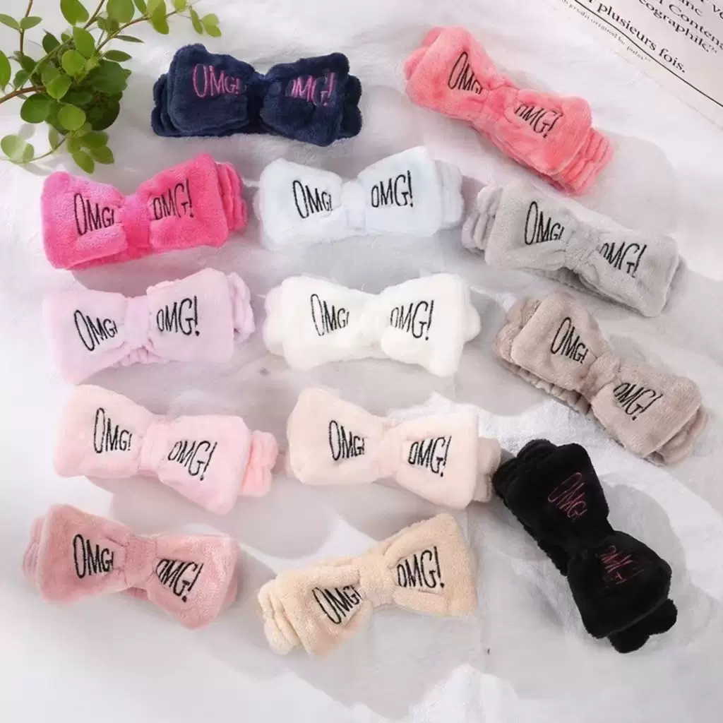 跨境字母OMG蝴蝶结发带女士洗漱束发带洗脸头巾松紧发箍刺绣发饰