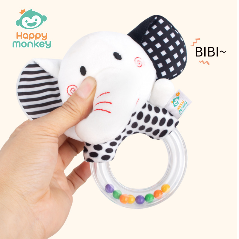 Sonajero de mano redondo blanco y negro para recién nacidos Happymonkey, juguete para bebés con cuentas coloridas, sonajero para bebés de 0 años, juguete para agarrar.