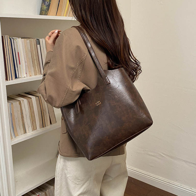 Túi tote nữ cỡ lớn phong cách retro, đựng nhiều đồ, có quai đeo vai và kẹp nách — Màu cà phê PU, PU đen, màu cà phê, đen chi tiết 21
