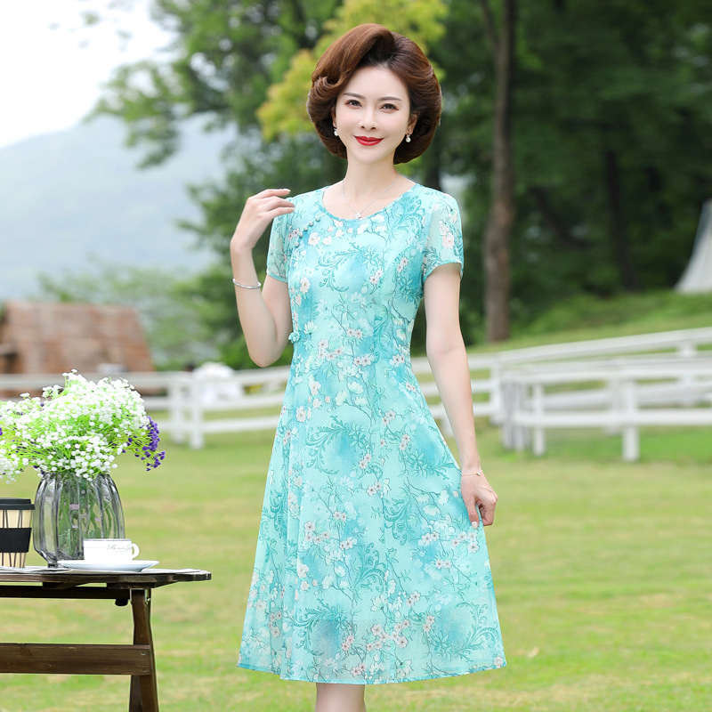 ママの夏ワンピース、中年女性、高貴な小柄な40代、50代、中高年シフォン半袖スカート|undefined