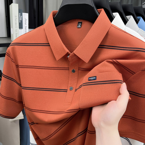 Summer new style lapel ice silk short-sleeve POLO shirt men's stripe true pocket middle-old casual t-shirt shirt top men