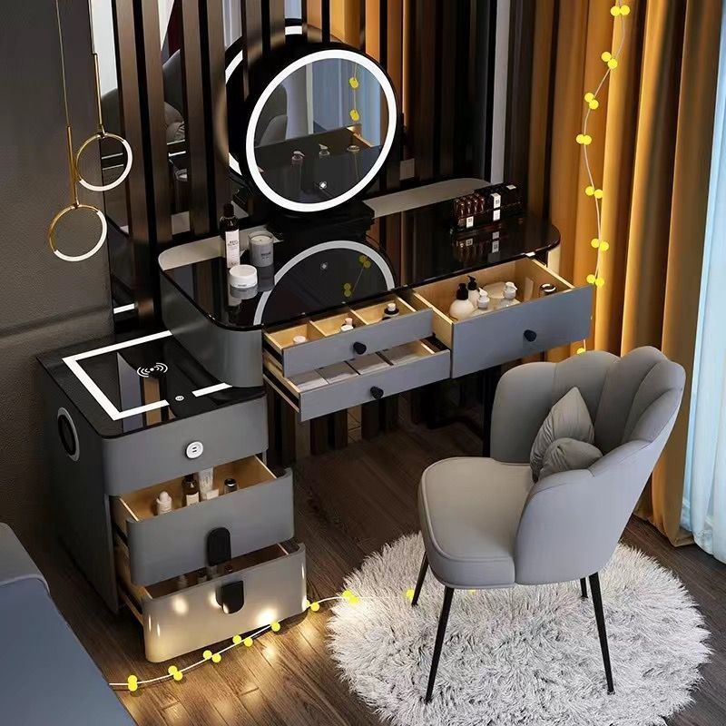 그레이 및 블랙 98.99 테이블 + 스마트 캐비닛 + 거울 + 꽃잎 의자