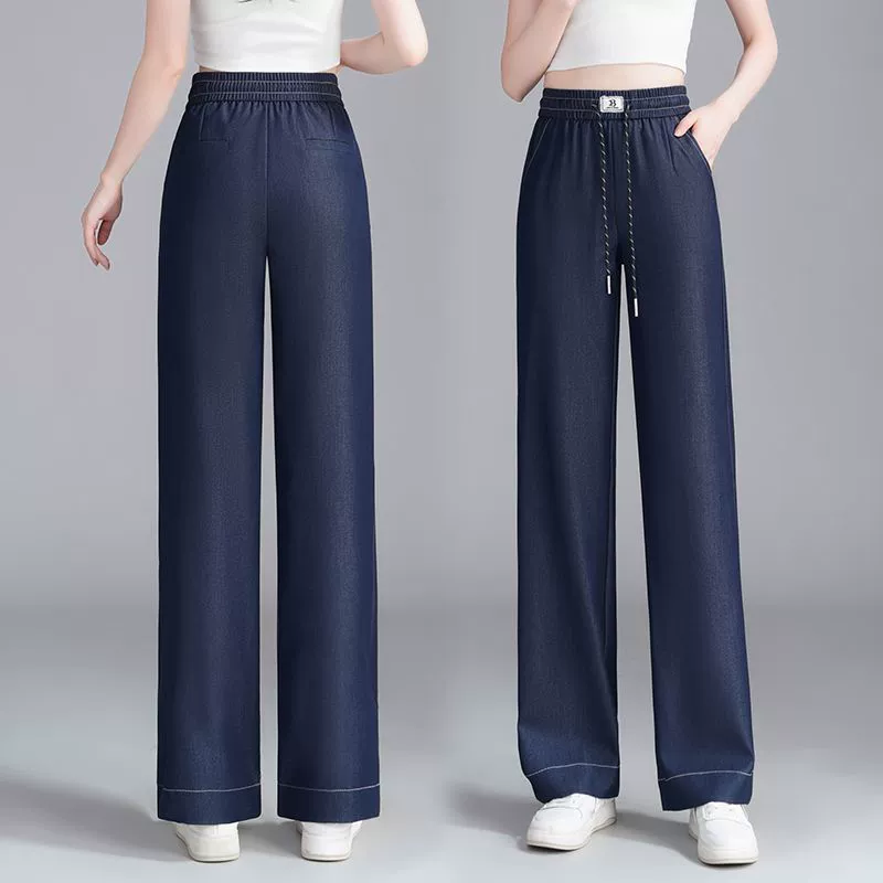 Женские прямые джинсы Tencel, новинка лета 2025, узкие повседневные свободные драпированные широкие брюки с высокой талией