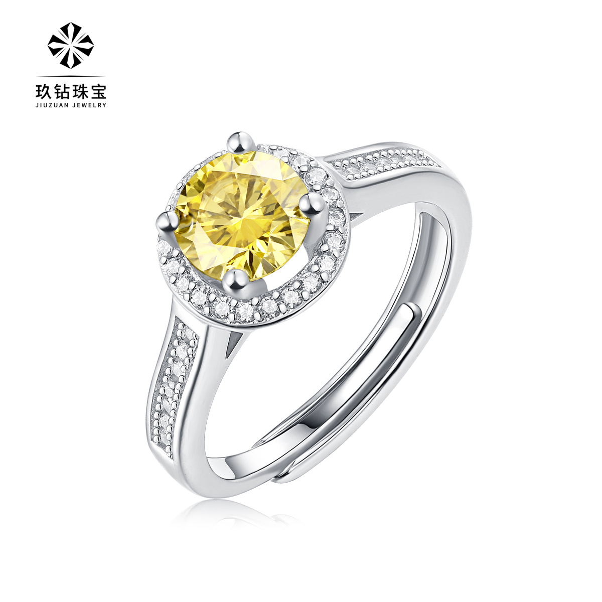 Silver S925 Women's Yellow Moissanite Ring Hao Inlaid Round Bag Ring Live Mouth Adjustable Spot Delivery