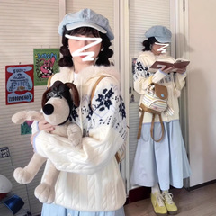 慵懒风蓝白色费尔岛连帽毛衣外套女秋冬季2025年新款宽松针织开衫