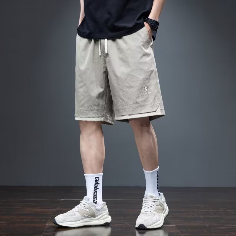 Camisa menos ropa pantalones cortos casuales tarjeta de gasa de verano para hombres lavado cintura elástica cordón pantalones de playa sueltos pantalones de cinco puntos