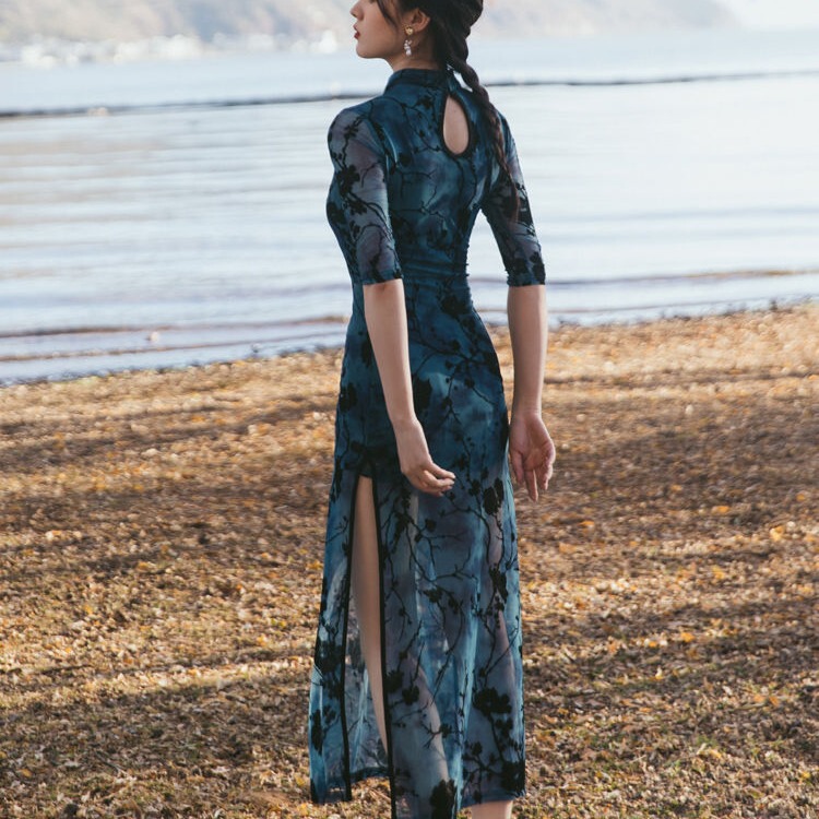 2024 Women Summer Chinese Style Retro Floral Dress Girl Dance Dress Hollow Perspective Sexy Improved Cheongsam