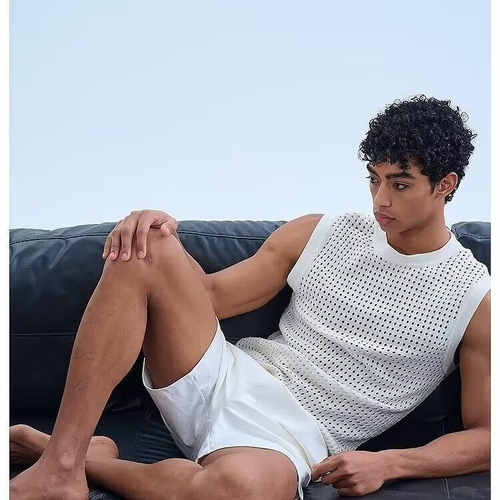 Men's Semi-Transparent Lattice Knit V-Neck Top with Indie Design and Cool Gritty Style