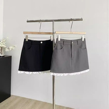 灰色蕾丝边拼接半身裙女夏季时尚高腰显瘦百搭防走光A字包臀短裙