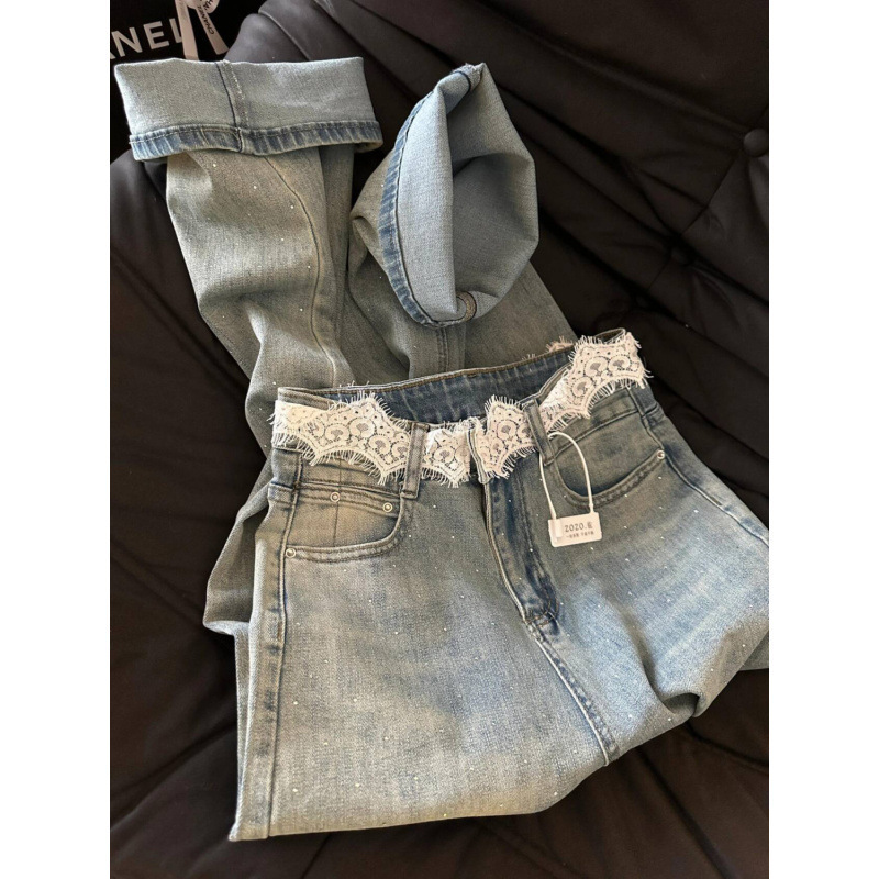 韩系复古蕾丝拼接高腰牛仔裤女2025夏季新款设计感镶钻宽松阔腿裤