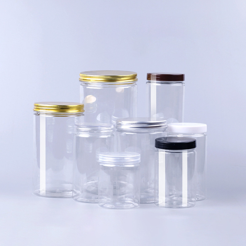 现货批发透明塑料密封罐铝盖圆形储物包装广口罐子透明包装广口瓶