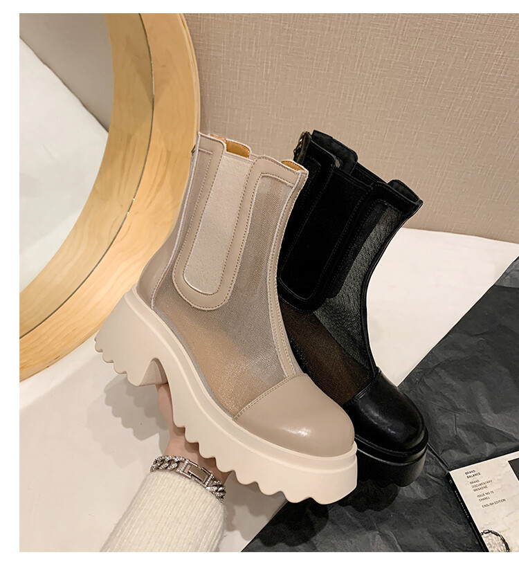 Boot ngắn nữ da bò mũi tròn đế dày thoáng khí khóa kéo sau — Màu đen, Màu mơ chi tiết 70