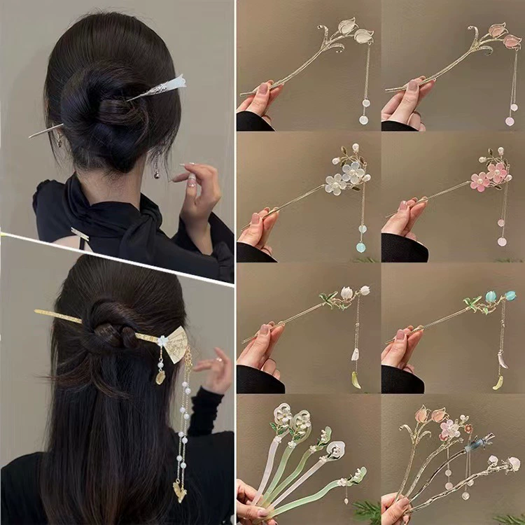Китайская заколка HanfuHairgrip, цветы и кисточки, аксессуар для волос, 22 см, легкий