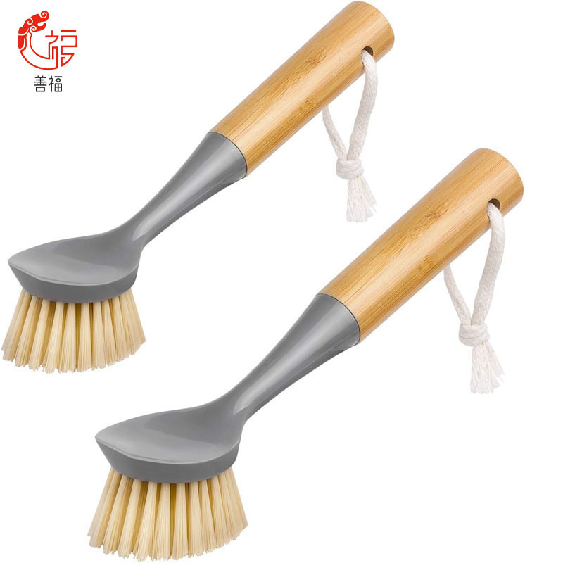 Dishwashing Brush with Bamboo Handle and Built-In Scraper, Suitable for Cleaning Pans, Pots, and Kitchen Sinks