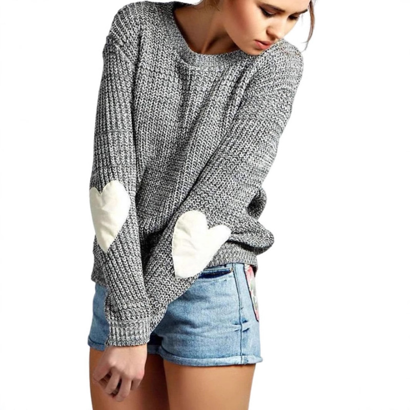 Pullover Knitwear for Women, Cute Heart-Shaped Pattern Elbow Splicing Knitted Sweater, Cross-Border Amazon Casual Long Sleeves