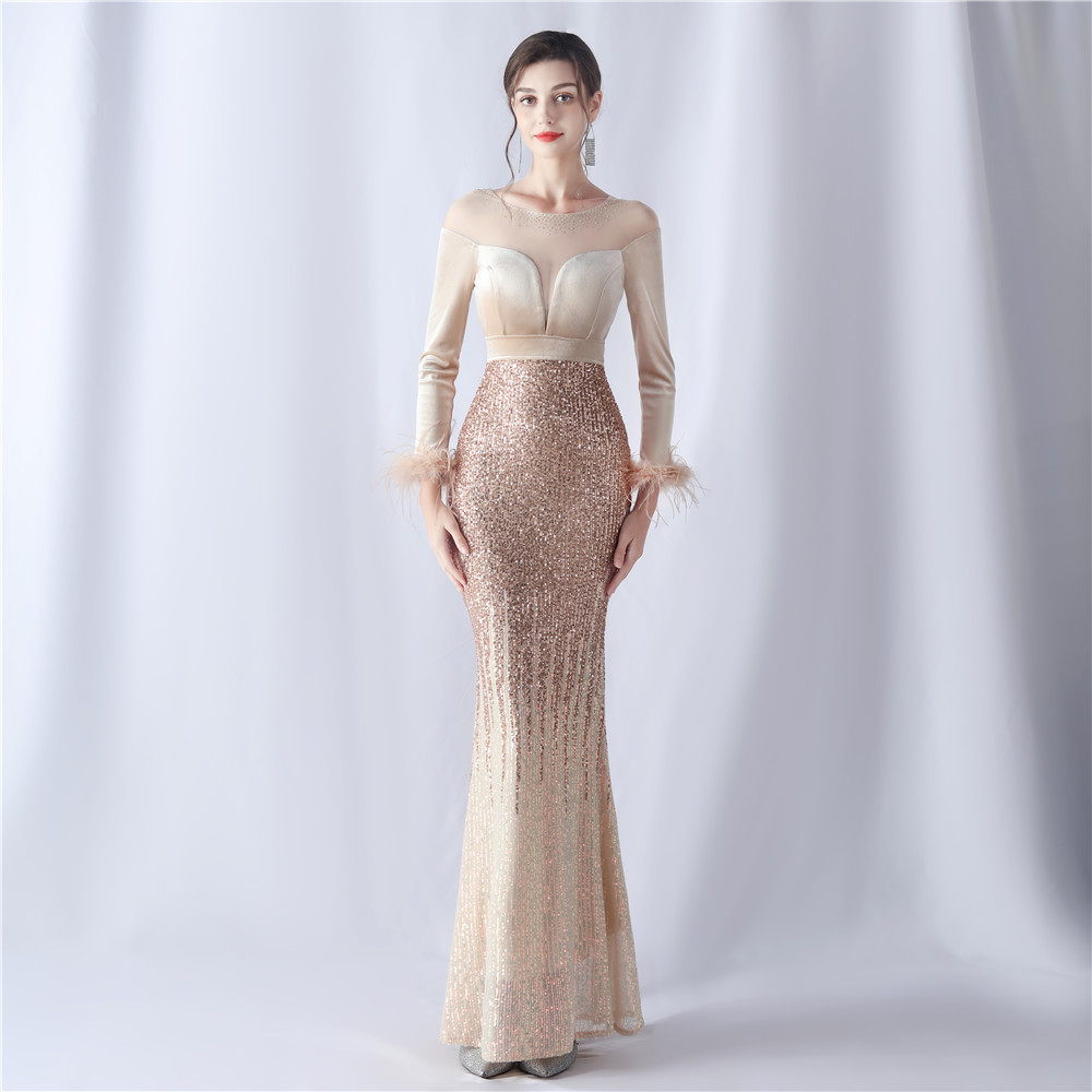Women's gradient beaded diamond velvet high-end evening dress_voghion.com