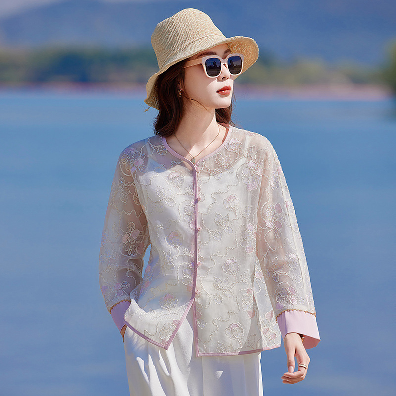 Áo cardigan nữ tay dài thêu hoa cổ tròn phối nút — Màu hồng, màu mơ