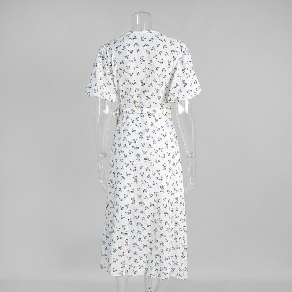 Đầm liền cotton in hoa cổ chữ V tay bồng buộc dây lưng cao — Hoa oải hương, Hoa tulip màu hồng, Màu be, Màu hồng chi tiết 6