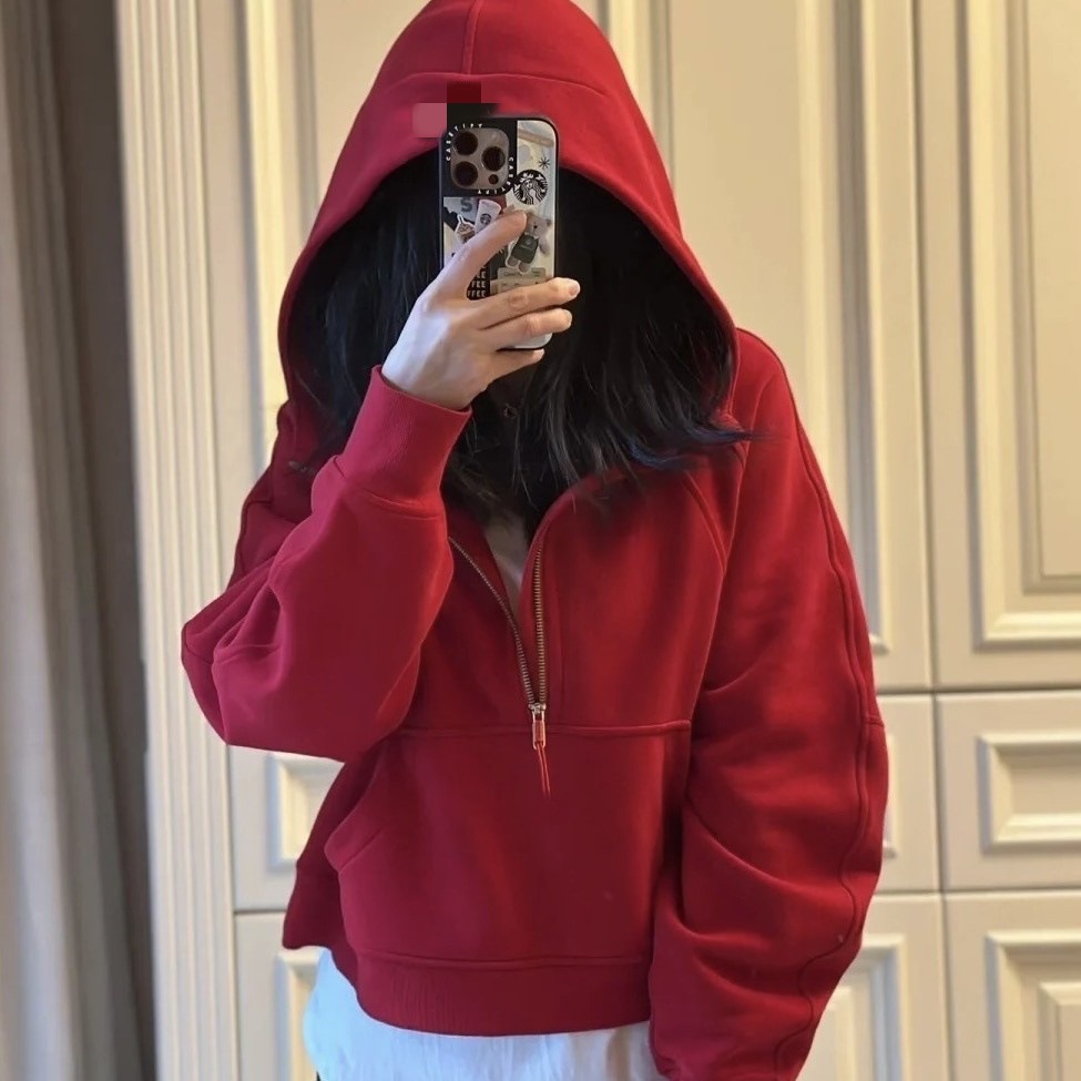 LULU-style embroidered SCUBA hoodie with half-zip, loose fit, fleece-lined, sports yoga warm top