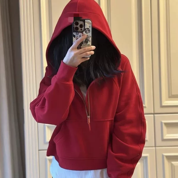 LULU-style embroidered SCUBA hoodie with half-zip, loose fit, fleece-lined, sports yoga warm top