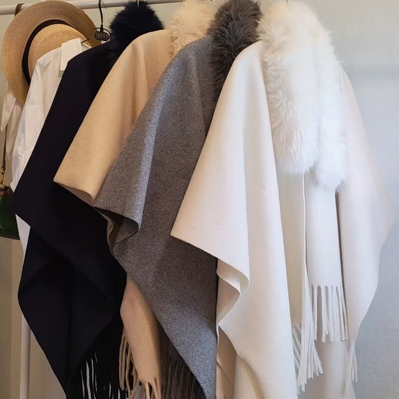 Autumn and Winter Fox Fur Scarf for Women, Imitation Cashmere, High-End Warm Shawl, Solid Color Shawl, Cape, Solid Color with Detachable Fur Collar