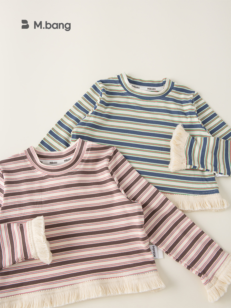 Youbao ropa para niños, ropa de otoño para niñas, camiseta de manga larga, camisa de fondo a rayas para niñas con flecos personalizados, ropa para niños de moda, ropa para niños