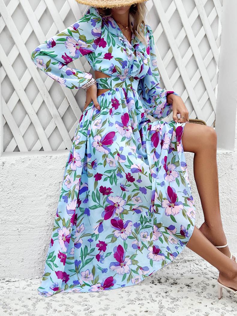 Women's Regular Dress Vacation V Neck Printing Long Sleeve Flower Maxi Long Dress Daily Beach display picture 1